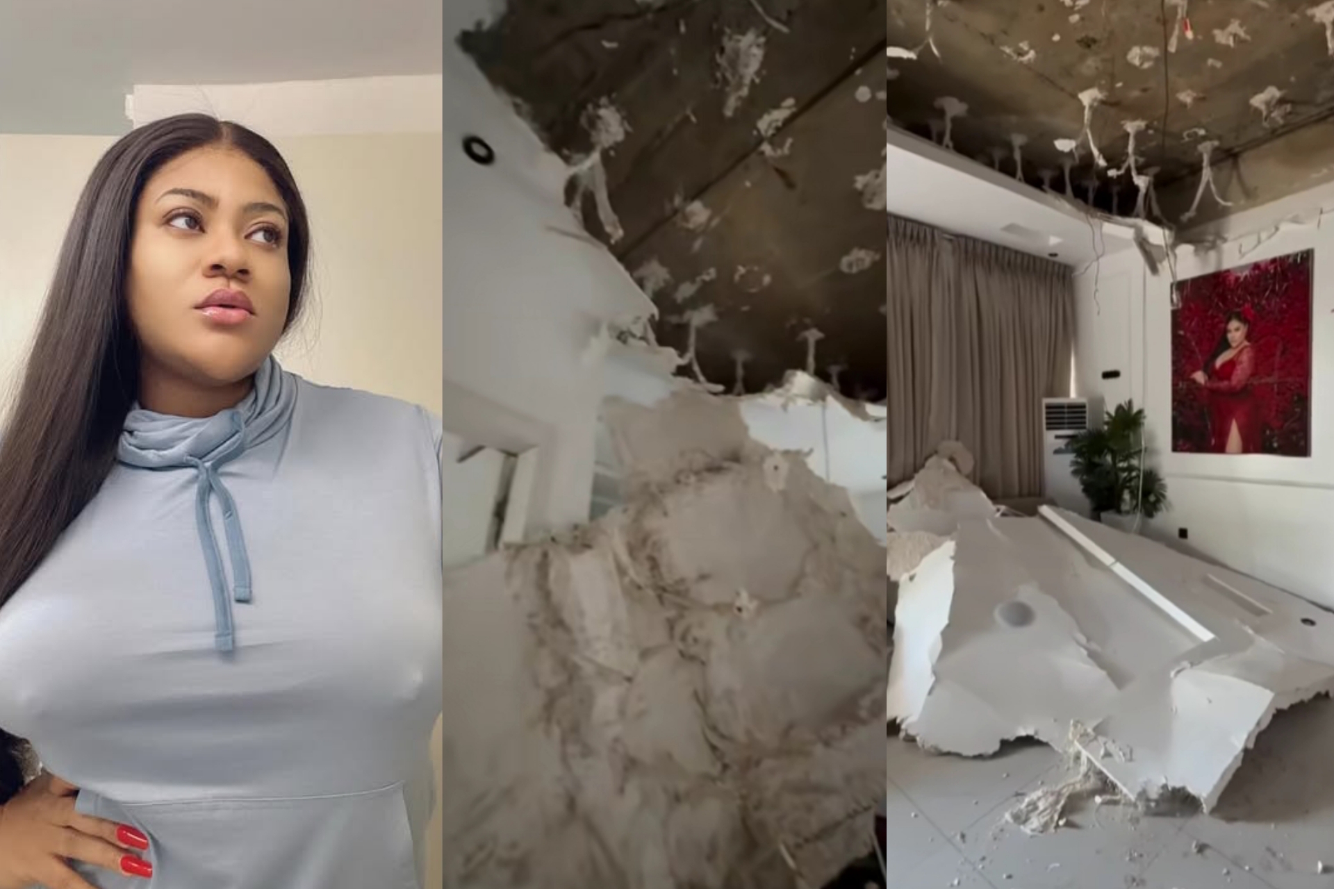 Nkechi Blessing’s Lekki Ceiling Collapses Again, Actress Considers Moving Back to Mowe