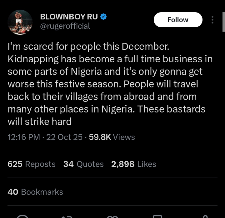 Ruger Raises Alarm Over Growing Kidnapping Threat Ahead Of Festive Season